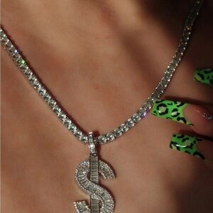 Silver Dollar Sign tennis Necklace 16inch